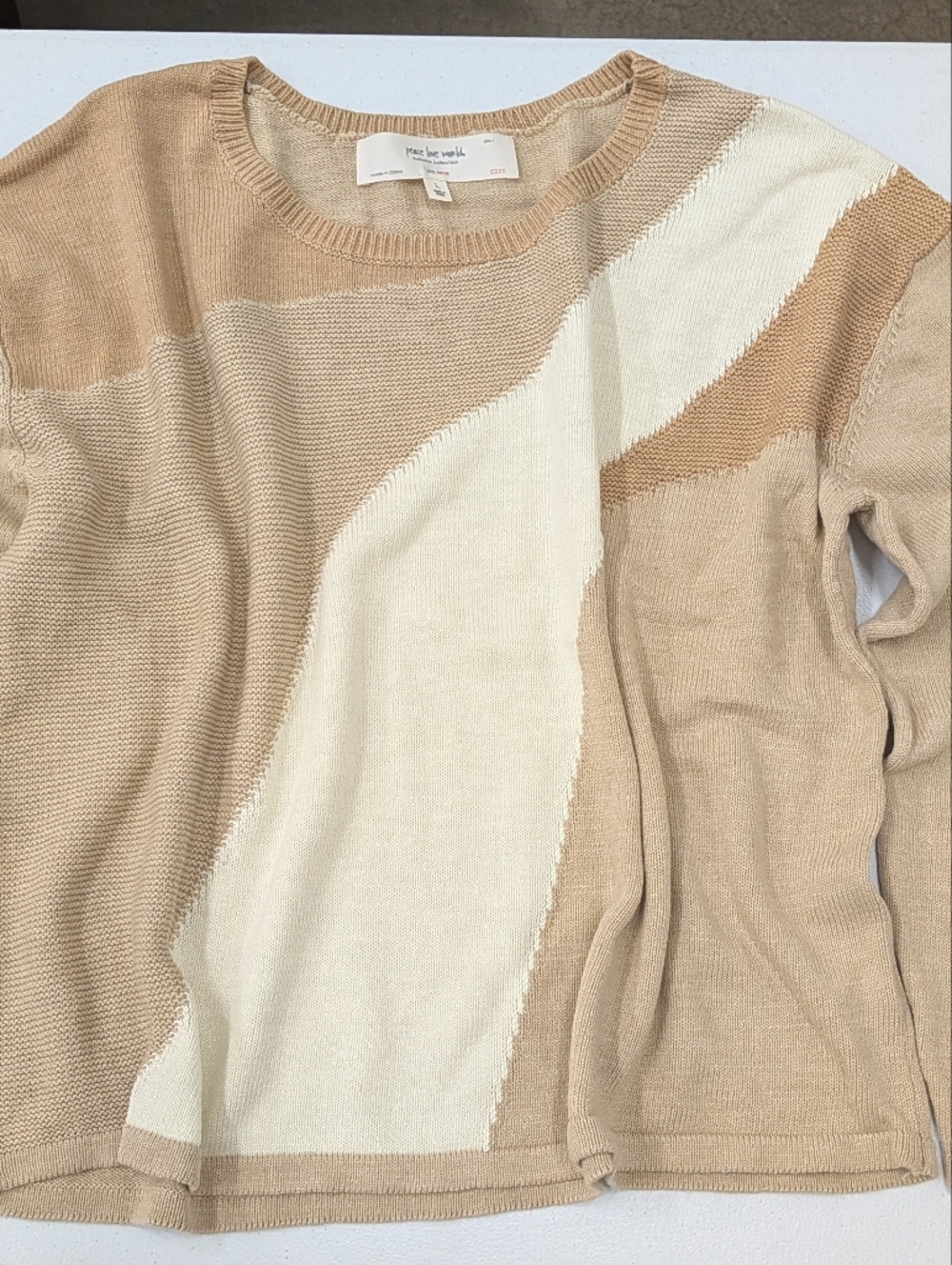 Peace Love World Boho Sweater Women Large Beige Cream Colorblock Knit Pullover C - Picture 5 of 12